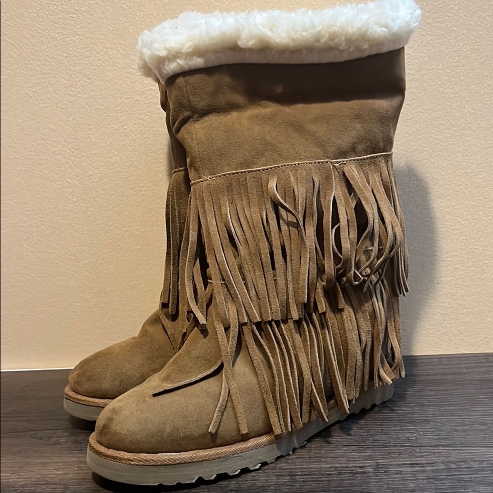 Madden Girl Tan Suede Fringe Winter Boots